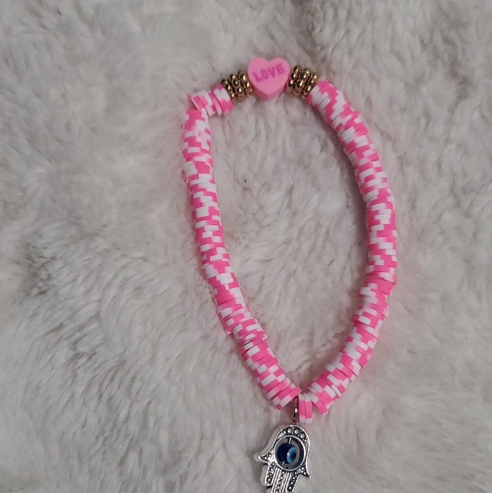 Pink Beaded Bracelet with Hamsa Charm